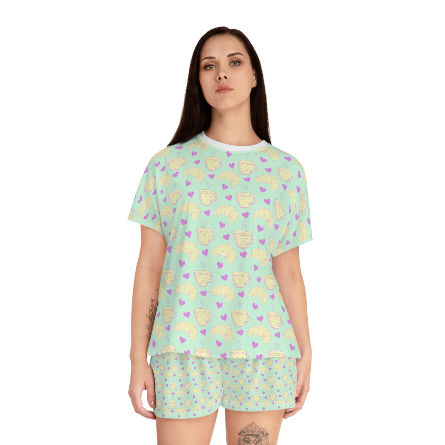 Coffee & Croissants Women's Short Pajama Set - Green