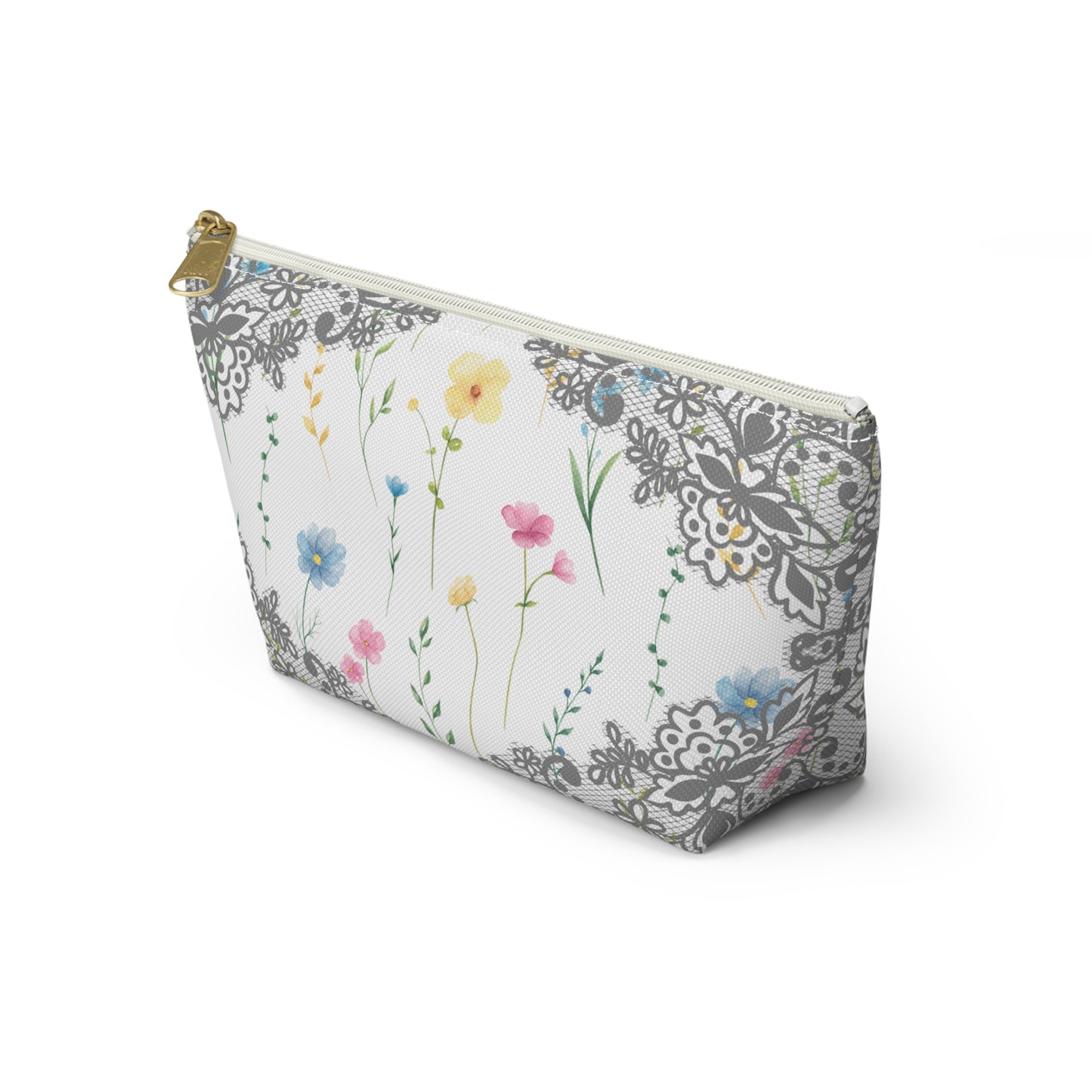 Flowers & Grey Lace Accessory Bag