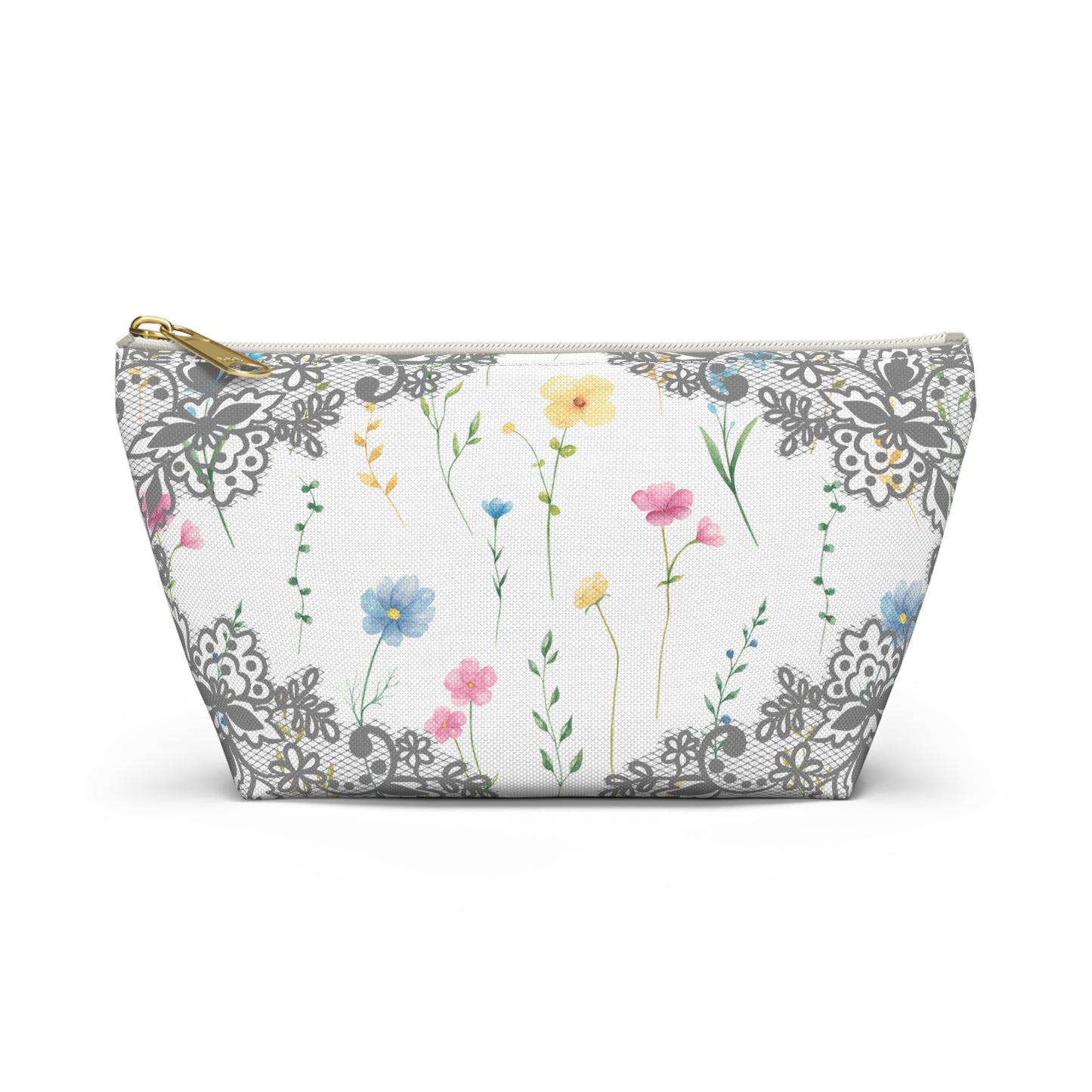 Flowers & Grey Lace Accessory Bag