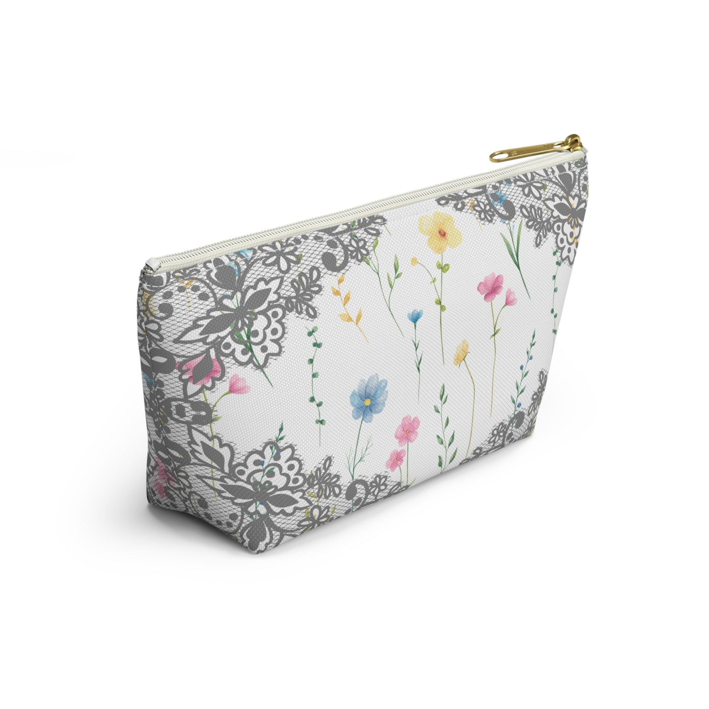 Flowers & Grey Lace Accessory Bag