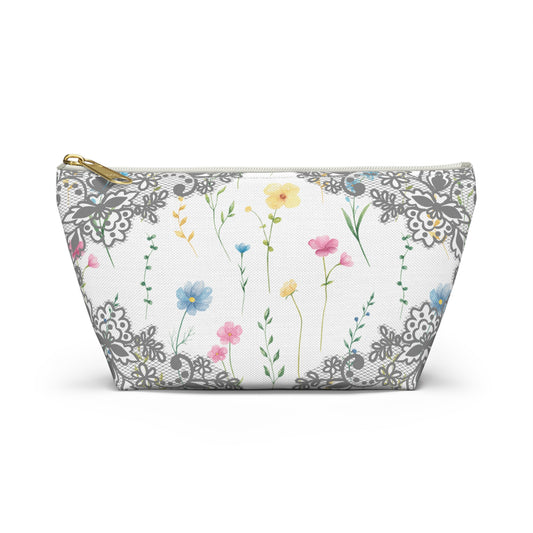 Flowers & Grey Lace Accessory Bag